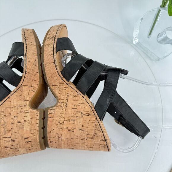 Born Bernese Womens Sandal Size 10 Black Leather Wedge Heel Open Toe Retro Caged - Picture 12 of 16